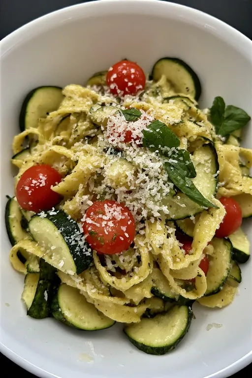 Finished zucchini noodles recipe in bowl with Parmesan and fresh basil