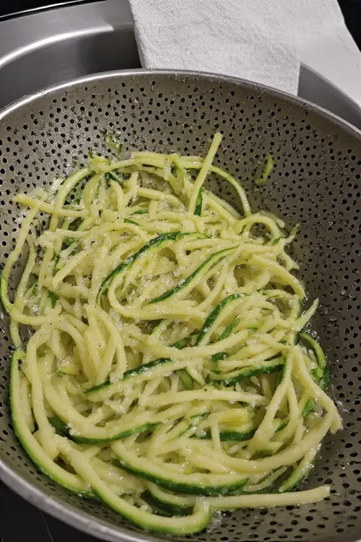 Zucchini noodles draining in colander after salting to remove excess moisture