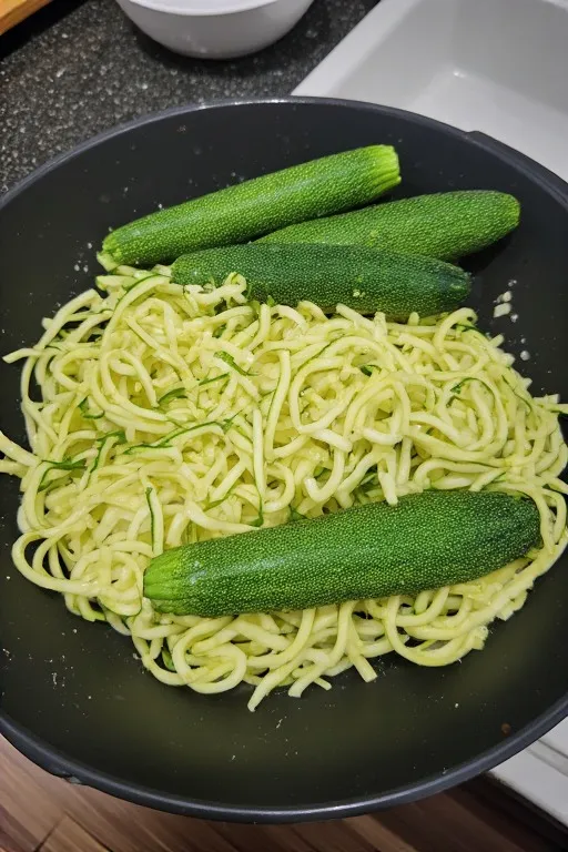 Fresh zucchini noodles spiralized in a colander for easy zucchini noodles recipe