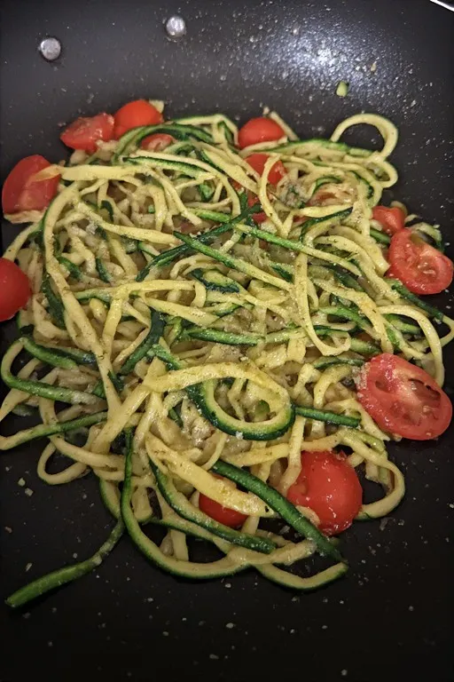 Zucchini noodles tossed with garlic butter and cherry tomatoes in skillet