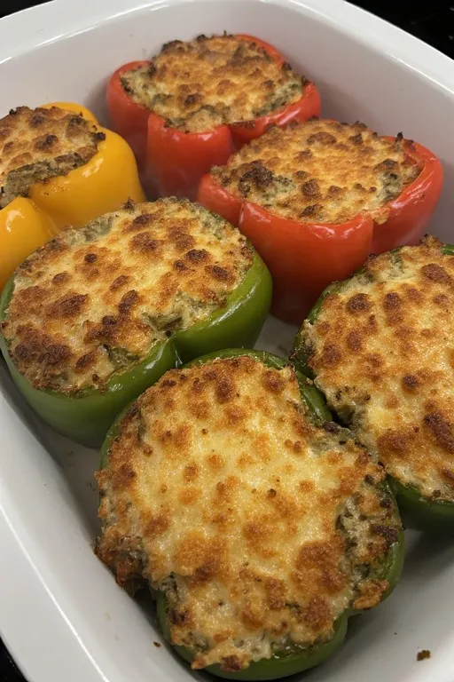 Ground turkey stuffed peppers baked with golden melted cheese on top
