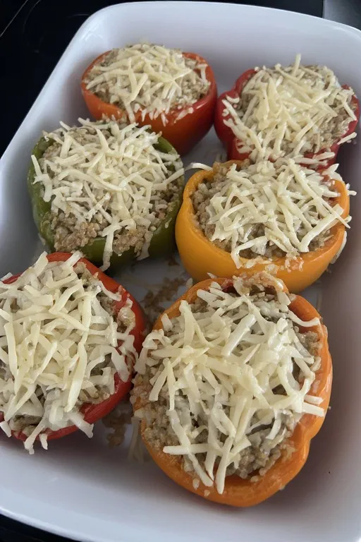 Stuffed bell peppers topped with mozzarella cheese ready to bake in dish
