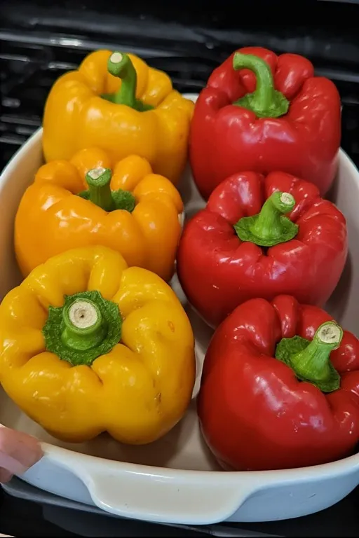 Bell peppers prepped and standing upright in baking dish for stuffed peppers recipe