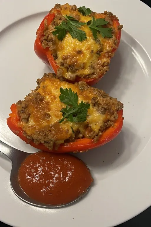 Ground turkey stuffed peppers served on plate with parsley and tomato sauce