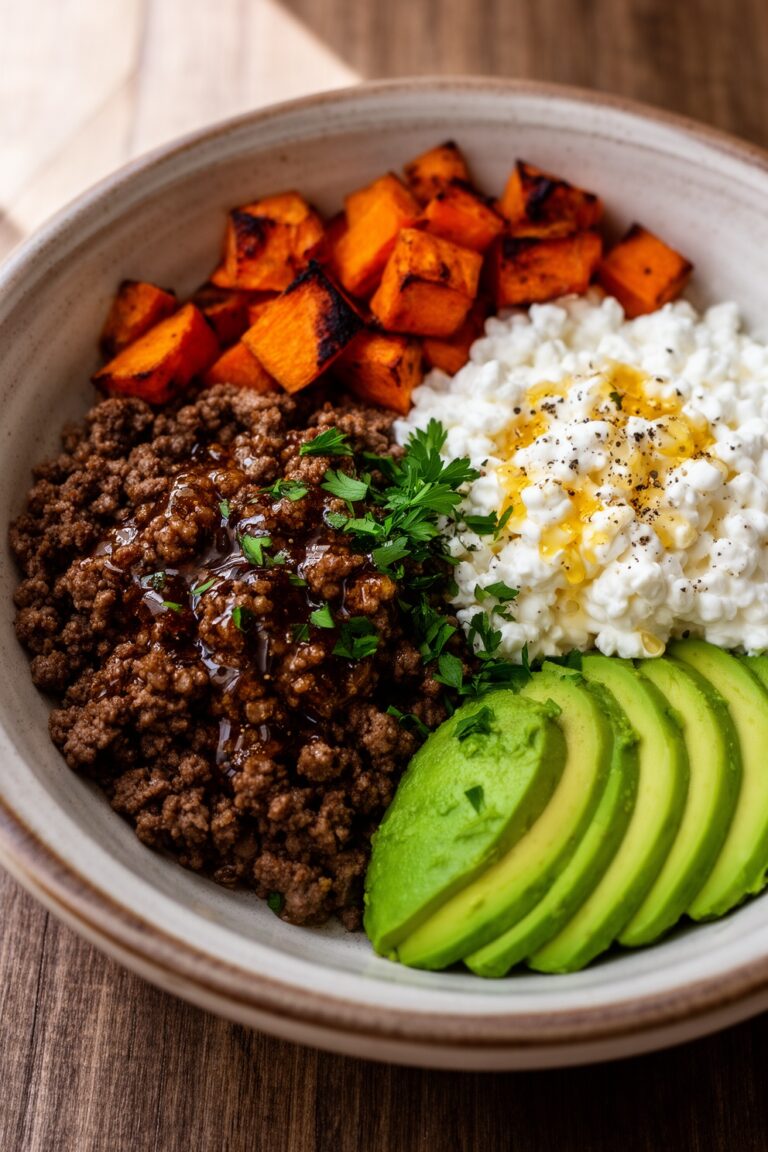 Hot Honey Cottage Cheese Sweet Potato Beef Bowl