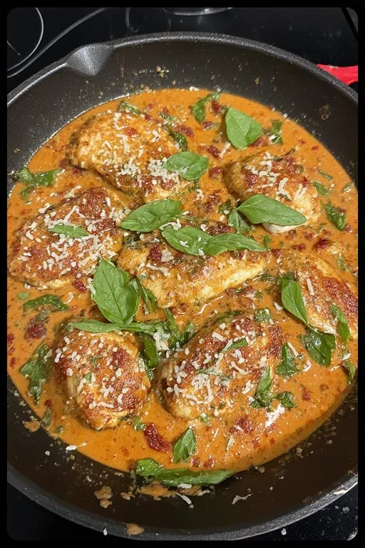 Healthy marry me chicken finished in skillet with fresh basil and Parmesan