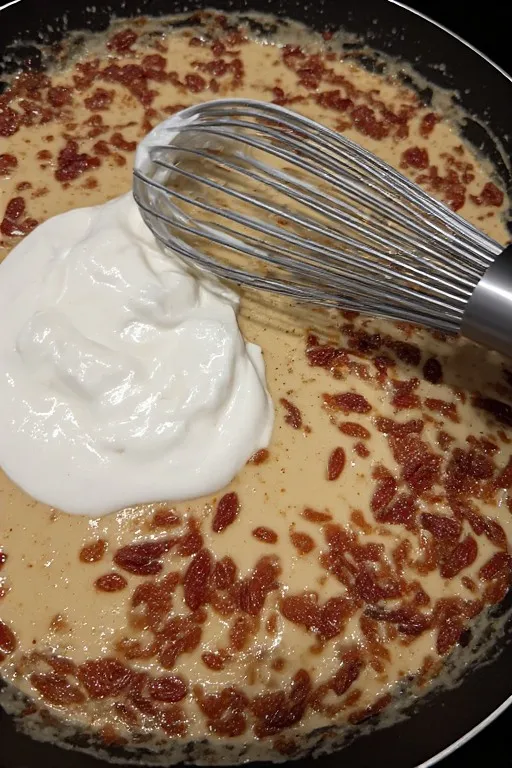 Greek yogurt being whisked into marry me chicken sauce in skillet