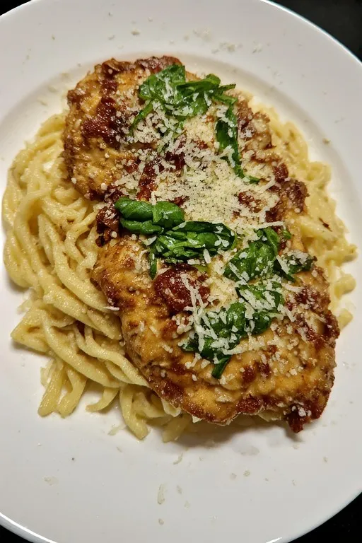 Healthy marry me chicken served over pasta with creamy sun-dried tomato sauce