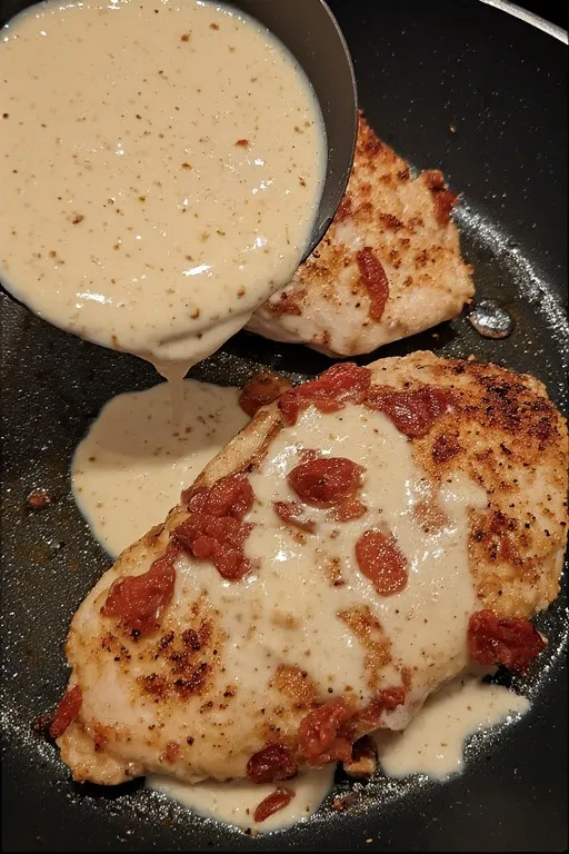 Chicken returned to skillet coated in healthy marry me chicken sauce
