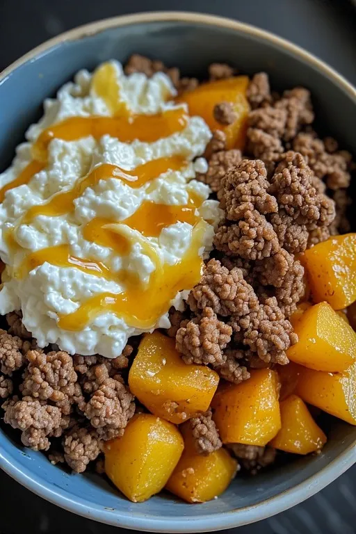 Hot honey cottage cheese sweet potato beef bowl finished and ready to eat