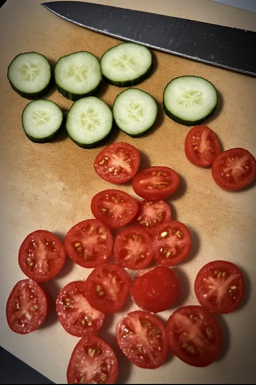 Sliced cucumber and halved cherry tomatoes prepped for cucumber caprese salad recipe