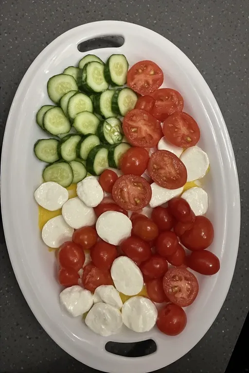 Cucumber tomato and mozzarella arranged on a platter for cucumber caprese salad