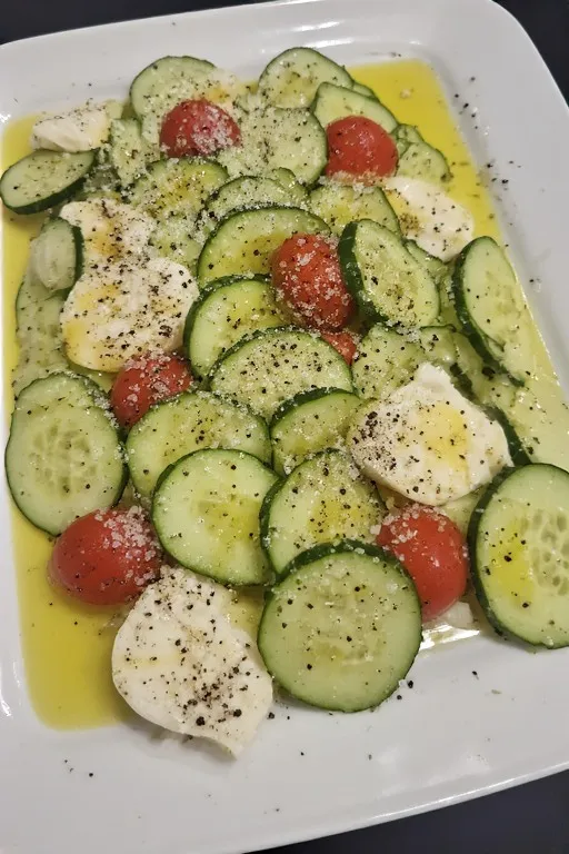Olive oil and flaky sea salt being added to cucumber caprese salad