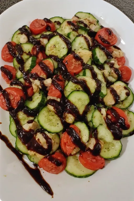 Balsamic glaze drizzled over finished cucumber caprese salad on a white platter