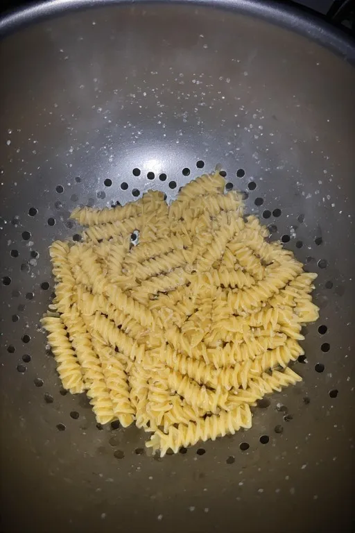 Rotini pasta draining in a colander for chicken pasta salad recipe