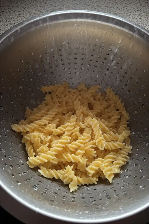 Rotini pasta draining in colander for dill pickle pasta salad recipe