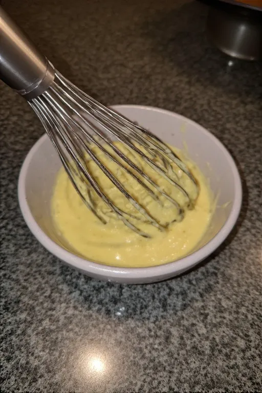 Creamy dill pickle pasta salad dressing with pickle brine being whisked in a bowl