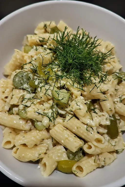 Finished dill pickle pasta salad in serving bowl garnished with fresh dill