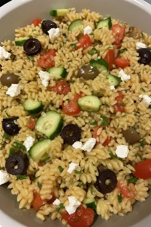 Alt text: Finished orzo pasta salad in a serving bowl with feta and fresh herbs in a bowl.