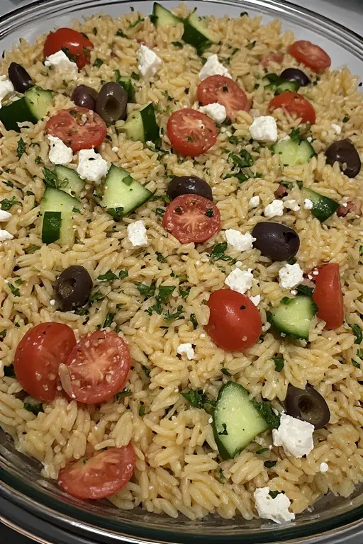Finished orzo pasta salad in a serving bowl with feta and fresh herbs