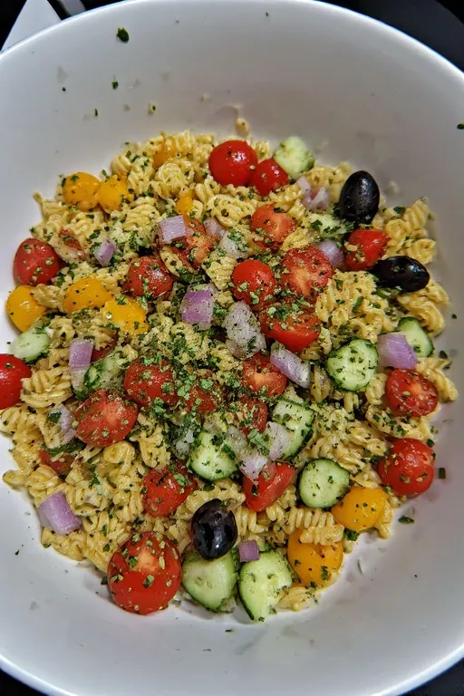 Orzo pasta salad ingredients combined in a large bowl with lemon dressing