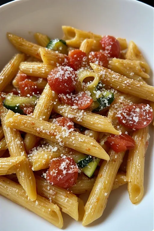 Tomato zucchini pasta served in bowl