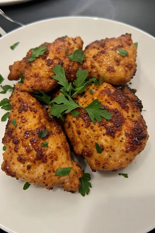 Air fryer boneless skinless chicken thighs resting on plate with fresh parsley and lemon