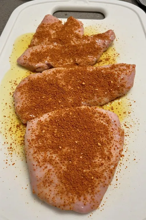  Spice blend being pressed into chicken thighs for air fryer boneless skinless chicken thighs