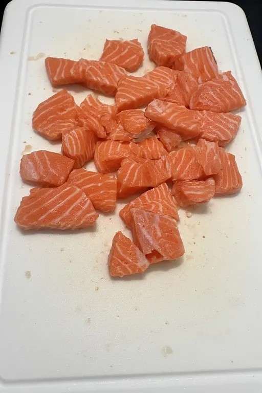 Salmon cut into chunks for crispy bang bang salmon bites recipe