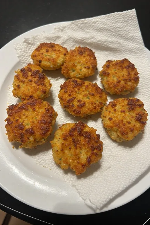 Crispy golden canned salmon patties draining on paper towel after pan frying