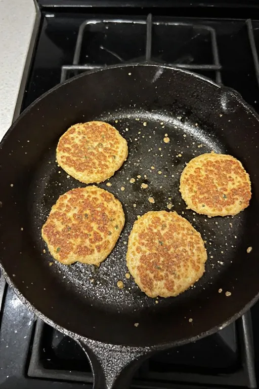 Canned salmon patties pan frying in skillet getting golden and crispy