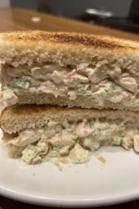 Classic creamy chicken salad sandwich ready to serve