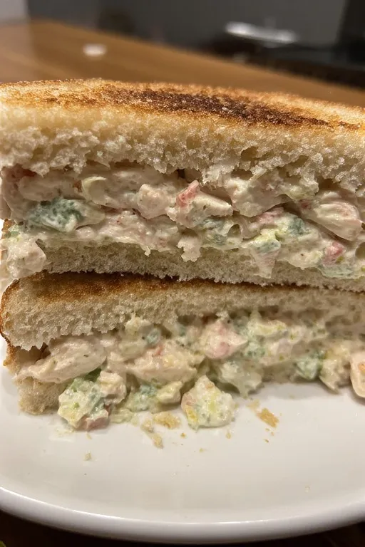 Classic creamy chicken salad sandwich ready to serve