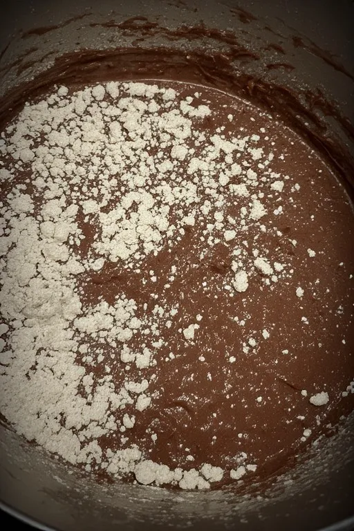Chocolate zucchini bread batter in bowl after mixing dry ingredients