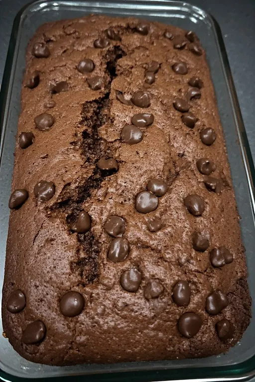 Freshly baked chocolate zucchini bread in loaf pan out of the oven