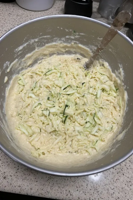 Wet ingredients mixed with zucchini for chocolate zucchini bread batter