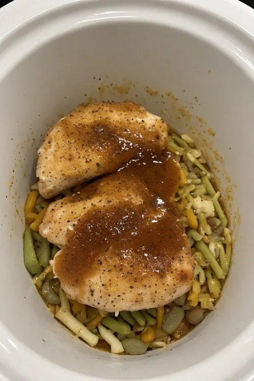 Chicken thighs added to crockpot with sauce poured over for slow cooker recipe