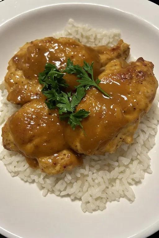 Crockpot chicken thighs recipe served over rice with glossy honey garlic sauce