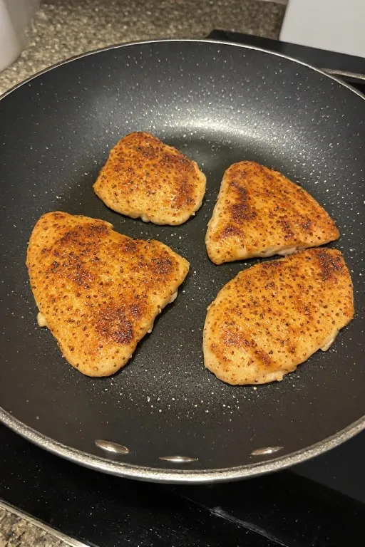 Chicken thighs being seared in skillet before adding to crockpot for extra flavor