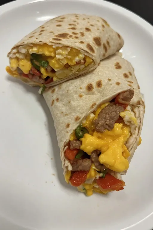 Freezer breakfast burrito cut in half showing egg sausage and cheese filling