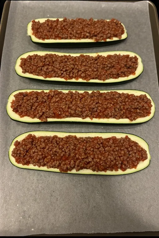 Zucchini boats generously filled with seasoned ground beef ready for cheese topping