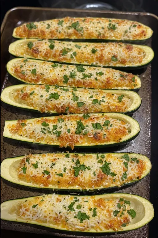 Finished keto zucchini boats with golden melted cheese and fresh parsley garnish