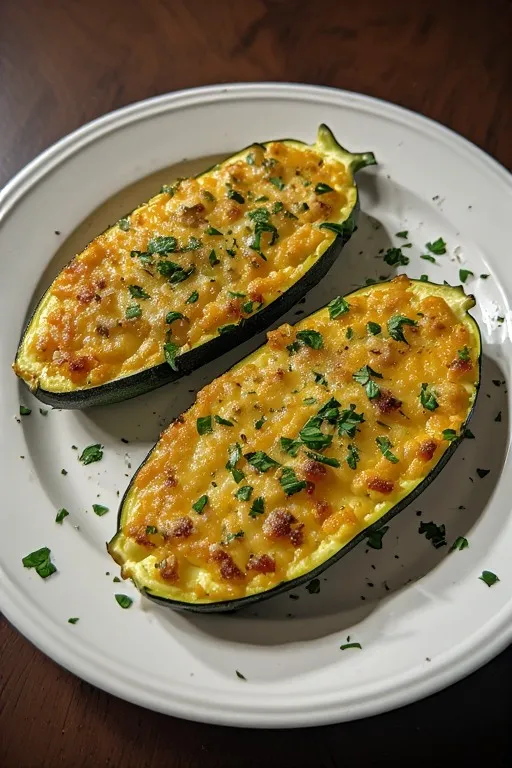 Keto zucchini boats recipe served on a plate with fresh herb garnish