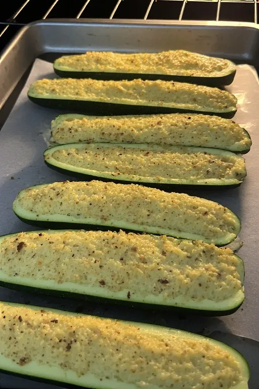 Empty zucchini boats pre-baking in oven before filling for keto recipe