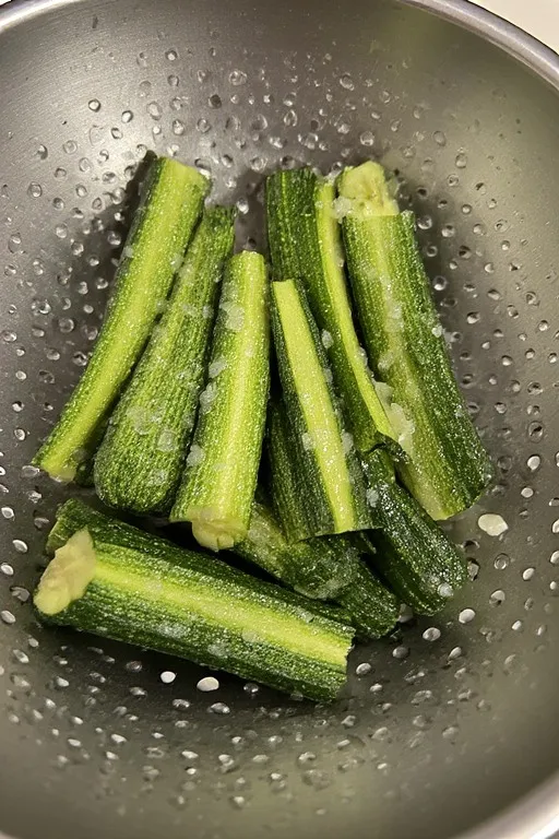 Zucchini fries draining in colander after salting for crispy keto zucchini fries recipe