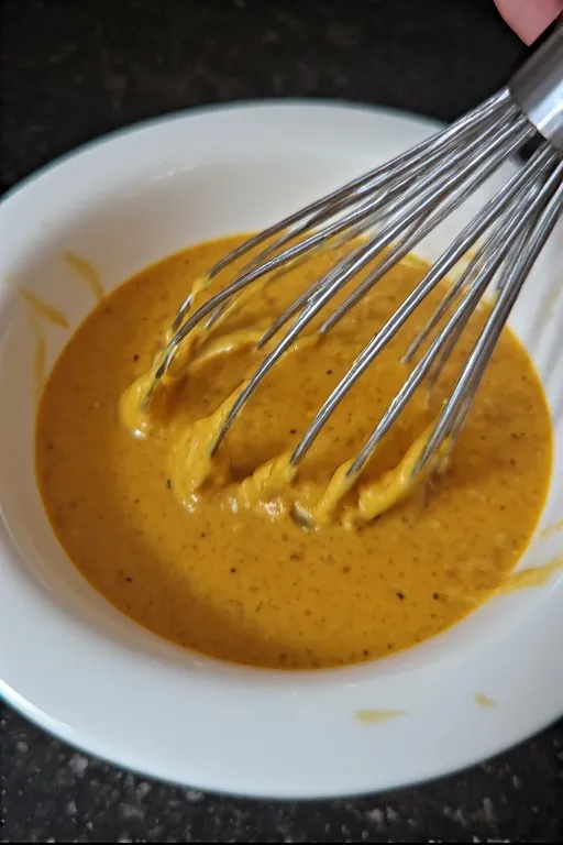 Spicy mayo dipping sauce for keto zucchini fries being whisked in a small bowl