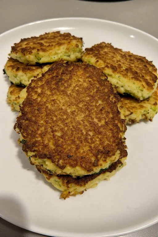 Crispy keto zucchini fritters stacked on plate ready to serve