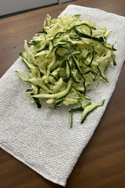 Squeezing water from shredded zucchini for keto zucchini fritters recipe