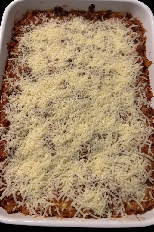 Keto zucchini lasagna topped with mozzarella and Parmesan ready to bake