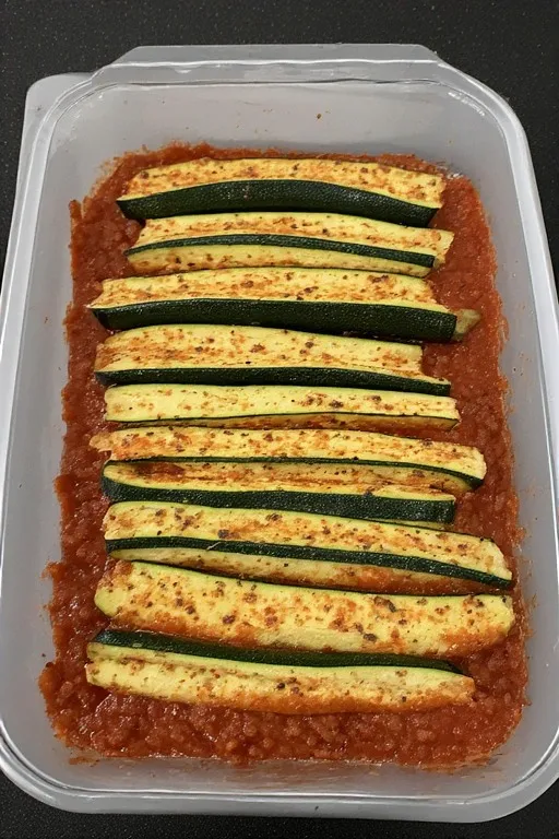 First layer of zucchini planks arranged over meat sauce in baking dish for lasagna